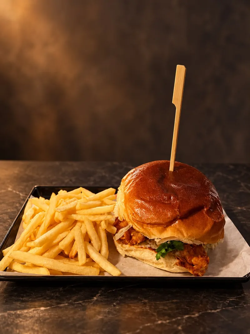 Burger di pollo fritto con lattuga in un panino lucido, servito su un vassoio con patatine fritte